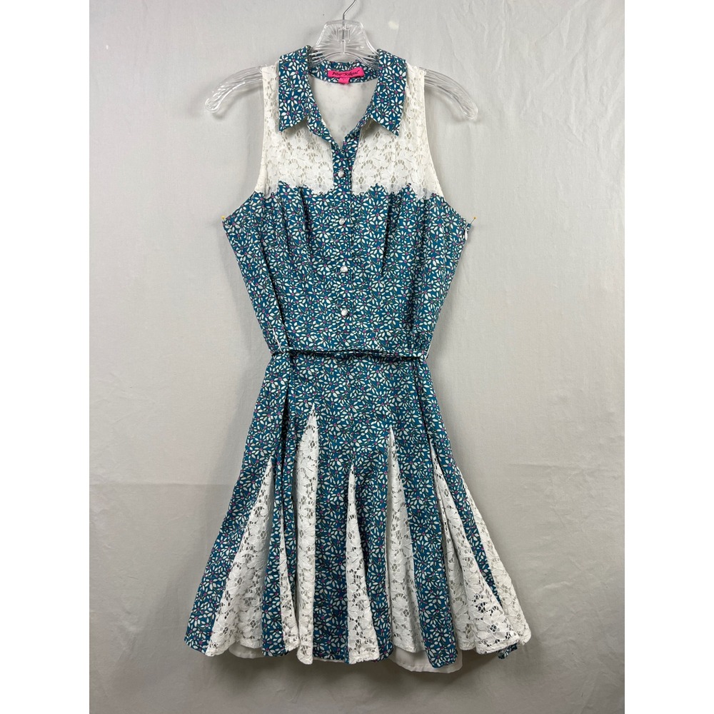 Betsey Johnson Floral Lace Fit Flare Dress Womens 6 Teal White Sleeveless Retro